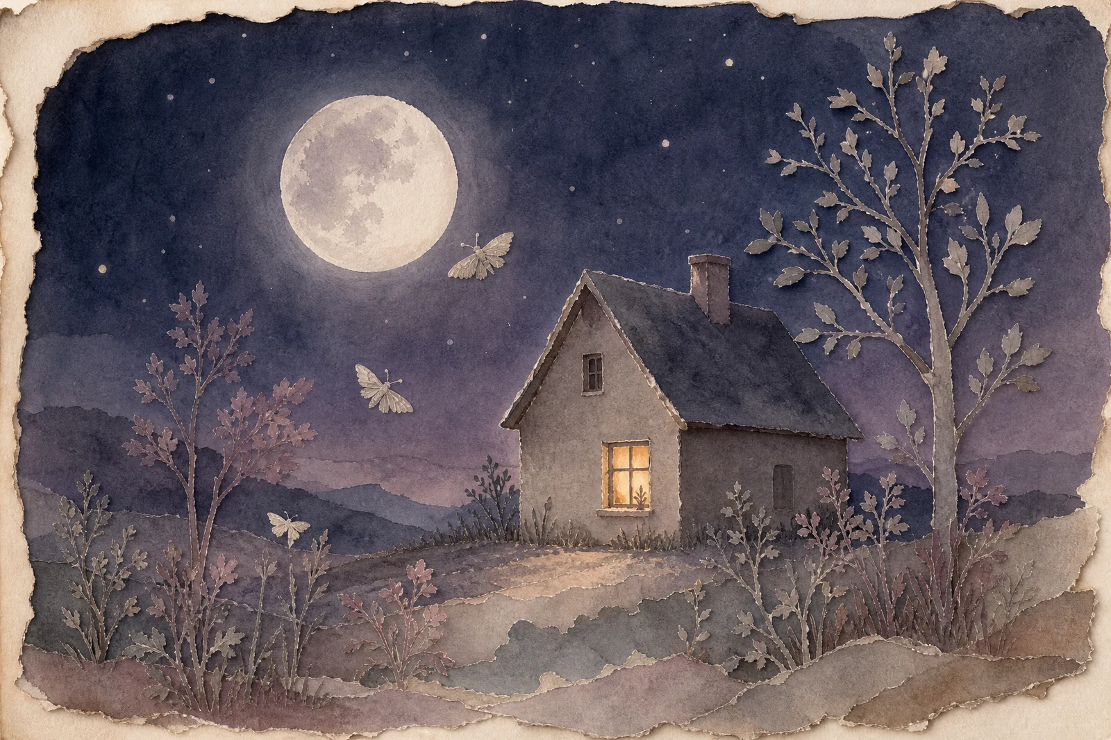 Moonlit night cottage diary illustration